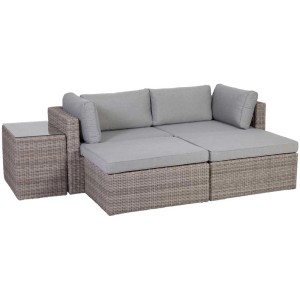 Graues 5-teiliges Greemotion Lounge-Set Olea aus Polyrattan mit Tisch, Sesseln und Hockern.