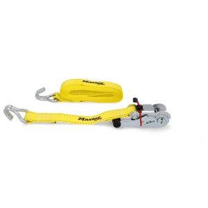 Sangle d'arrimage jaune Master Lock avec cliquet et crochets en J, 4,5 m de long, pour voyage et transport.