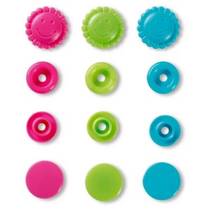 Bottoni a pressione Prym Color Snaps a forma di fiore, Ø 13,6 mm, 21 pezzi in rosa, verde e turchese.