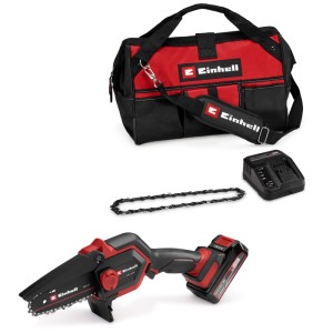 Tronçonneuse à batterie Einhell GE-PS 18/15 Li, kit avec sac, batterie, chargeur et chaîne de rechange.
