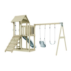 Altalena per neonati PolarPlay Uppsala blu ghiaccio con torre giochi, scivolo e altalena per bambini.