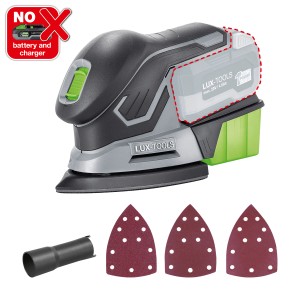 LUX Ponceuse multifonction sans fil A-MS-20 (sans batterie/chargeur) avec boîte à poussière, adaptateur d'aspirateur et papier abrasif.