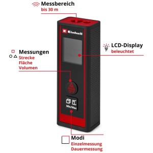 Telemetro laser Einhell TC-LD 30 R rosso-nero per misurazioni precise fino a 30m.