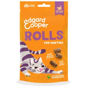 Edgard & Cooper snack per gatti rolls pollo e tacchino, confezione da 45g con gatto.