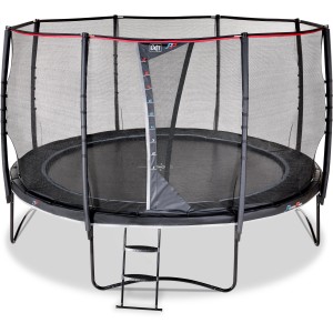 Trampolino da giardino nero EXIT PeakPro (Ø 427 cm) con rete di sicurezza e scala.