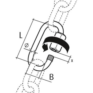 Disegno tecnico di un moschettone a maglia rapida Conacord in acciaio, 6x45 mm, con misure e chiusura a vite.