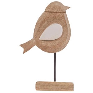 DecoFinder Uccello decorativo Malpaís in legno naturale, altezza 20 cm, con dettaglio ala bianca.
