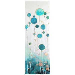 Quadro su tela dipinto a mano Bubbles, 30x90 cm, con cerchi astratti blu e oro.