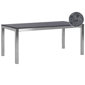Tavolo da giardino Beliani Grosseto con piano in granito nero e struttura in acciaio inox.
