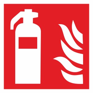 Panneau extincteur : Symbole blanc (extincteur, flammes) sur fond rouge, 14,8 x 14,8 cm.