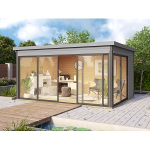 Abri de jardin moderne en bois gris clair avec toit plat et grandes façades vitrées. Idéal comme bureau ou maison de loisirs.