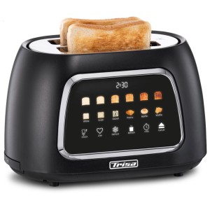 Tostapane Trisa Electronics Toast IT nero con display touch e due fette di pane tostato.
