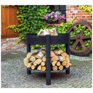 Brasero CookKing Montana Ø 60cm avec rangement bois, acier, rempli de bois.