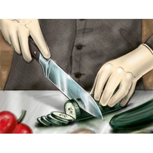 Illustrazione: Mani che tagliano cetriolo con coltello. Adatto per guanti domestici.