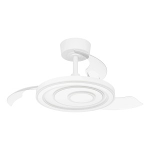 Ventilatore da soffitto LED Eglo Riomaggiore bianco, 77 cm, con luce integrata e pale trasparenti estraibili.