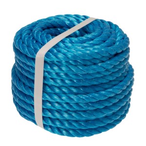 Corde bleue Conacord en polypropylène, diamètre 10 mm, longueur 20 m, torsadée et enroulée.