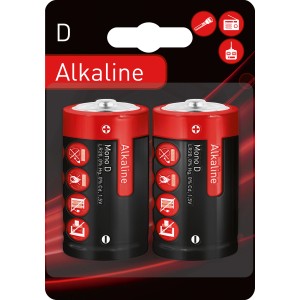 Confezione di due batterie alcaline Mono D, adatte per torce e giocattoli.