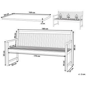 Dessin technique banc de jardin Beliani Vivara en bois d'acacia avec coussin. Montre les dimensions et charge 160 kg par siège.