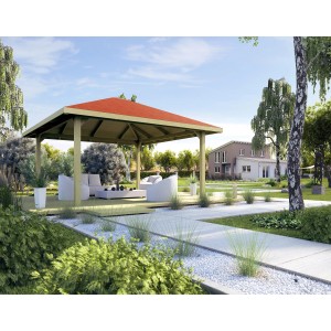 Weka Padiglione Oasi Giardino 651 A con tetto rosso e mobili da giardino nel verde.