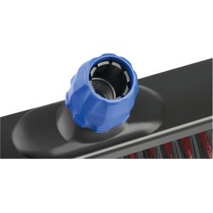 Gros plan de la tête de balai de voirie LUX Professional 2en1 Elaston 40 cm avec fixation de manche bleue.