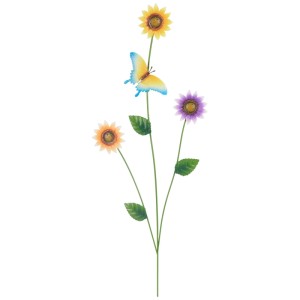 Mehrfarbiger Gartenstecker Blume mit Schmetterling, Metall, Gartendeko.