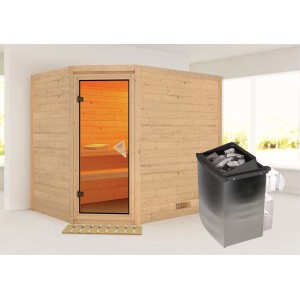Sauna Karibu Tilda avec poêle, en épicéa naturel et détails en acier inoxydable.