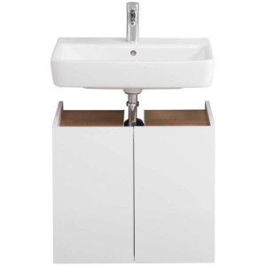 Meuble sous-vasque Pelipal Série 947, blanc avec deux portes et détails couleur chêne.