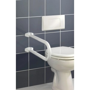 Wenko Barre d'appui rabattable Secura, blanc, fixée au mur à côté des toilettes.