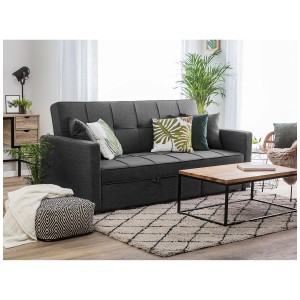 Canapé convertible 3 places Glomma gris foncé avec coussins et coffre de rangement dans le salon.