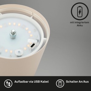 Dettaglio della lampada da tavolo a batteria beige Brilo Kiki con porta USB-C e batteria integrata.