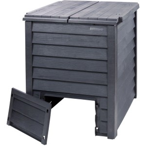Compostiera Garantia Thermo-Wood, 600 l, antracite-marrone, con effetto legno e sportello di prelievo.