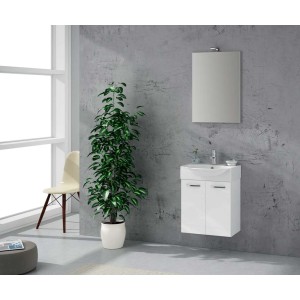 Ensemble de meubles de salle de bain Mini 50, blanc brillant, avec meuble sous-vasque, lavabo et miroir avec éclairage LED.