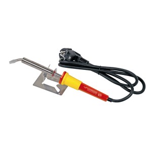Fer à souder Rothenberger 80W avec support, manche jaune-rouge et câble.