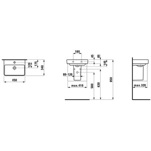 Disegno tecnico: Lavabo Laufen Pro S, 45x34 cm, per bagno ospiti. Misure e dettagli.