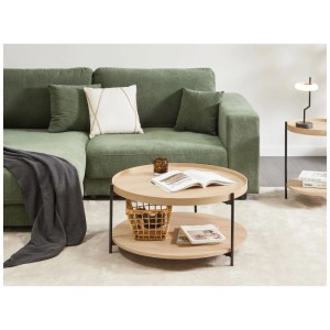Tavolino da caffè rotondo Beliani Lander in MDF marrone chiaro con ripiano e struttura in metallo nero.