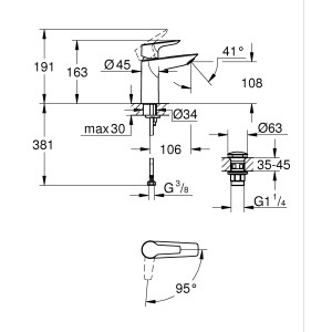Disegno tecnico: Miscelatore lavabo Grohe QuickFix Start Alira M-Size, cromo, dimensioni e dettagli.