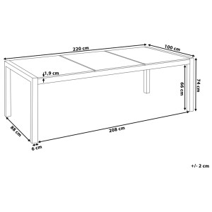 Skizze Gartentisch Grosseto, 74x100x220cm, Granit Schwarz, Maße und Details.