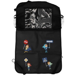 Cartrend Auto Rückenlehnenschutz Kids Heroes, schwarz, 69x44cm, mit Taschen und Verkehrszeichen Motiven.