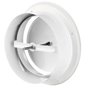 Weißes Tellerventil aus Metall, Ø 125 mm, für Flach- und Rundrohrsysteme zur Lüftungssteuerung.