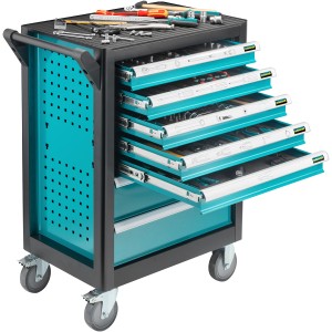 Servante d'atelier Technocraft Rollboy, remplie de 381 pièces, tiroirs partiellement ouverts.
