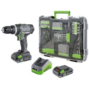 Visseuse-perceuse sans fil LUX-TOOLS 20 V avec batterie, chargeur et accessoires dans une mallette.