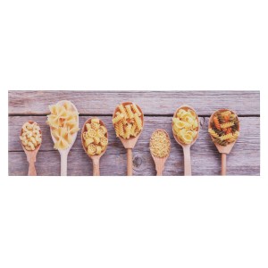 Tappeto cucina Kitchen Pasta 50x150 cm con motivo di pasta su cucchiai di legno.