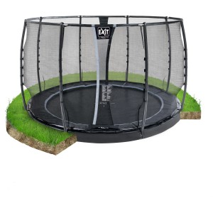 Trampolino interrato nero EXIT Dynamic Ø 305 cm con rete di sicurezza in giardino.