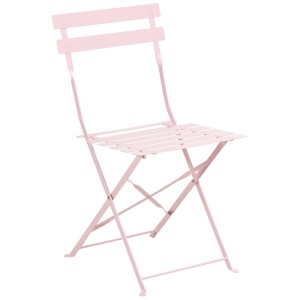 Chaise de jardin pliante en acier rose pastel. Design robuste avec assise et dossier à lattes.