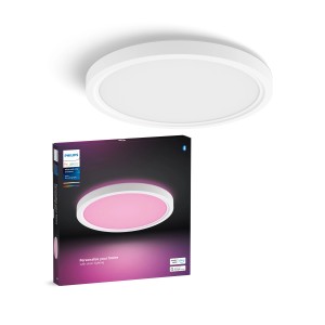 Pannello LED Philips Hue Tento, plafoniera bianca con funzione colore e confezione del prodotto.