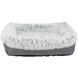 Panier pour chien Trixie Harvey gris et blanc, rectangulaire, avec bordure en peluche et extérieur en velours.