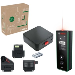 Bosch Laser-Entfernungsmesser Zamo Set mit Zubehör, Batterien und Box für präzise Messungen.