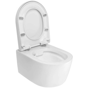 Set WC sospeso AquaSu Basic bianco 568 con sedile aperto. WC a parete con chiusura ammortizzata.