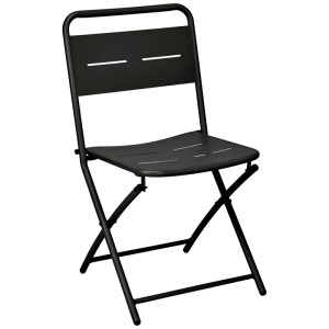 Sedia pieghevole nera in acciaio, parte di un set bistrot da 3 pezzi per balcone e patio.