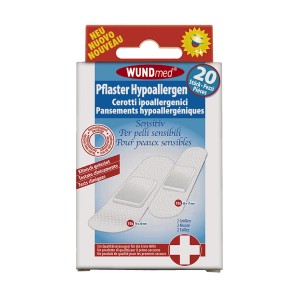 Verpackung mit 20 hypoallergenen Pflastern von Wundmed in zwei Größen.